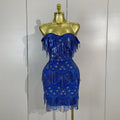 Women Blue Off The Shoulder Shiny Sequined Tassel Bodycon Mini Dress Eveing Celebrity Party Prom Birthday Club Dress Vestidos