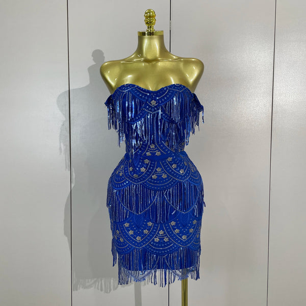 Women Blue Off The Shoulder Shiny Sequined Tassel Bodycon Mini Dress Eveing Celebrity Party Prom Birthday Club Dress Vestidos