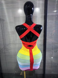 Rainbow Color Women Sexy Halter Backless Bodycon Mini Bandage Dress Nightclub Party Celebrate Fashion Birthday Clothing