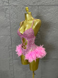 Glamorous Pink Sparkly Rhinestone Feather Trim Bodysuit Performance Costume Singer Stage Outfit Birthday Party Nightclub Wear
