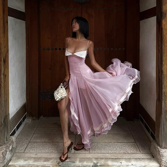 Sexy Patchwork Pleated Women's Long Dress Slim Backless Sleeveless Split Empire Female Dresses 2026 Summer Beach Party Lady Robe