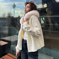 Women Hooded Knit Cardigan Sweater Coat Fluffy Faux Fur Collar Two Way Zip Solid  Loose Casual Jacket 2026 Autumn Winter