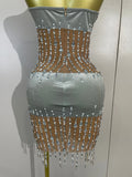 Sexy Strapless Rhinestone Pearl Chain Mesh Mini Dress Women Luxury Birthday Party Nightclub Celebrity Stage Performance Outfit