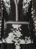 Vintage Indie Folk Style Print Dress for Women V Neck Three Quater Sleeves Patchwork Hollow Out Tiered Dresses Female New