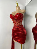 Sparkly Red Diamonds Asymmetrical Two Pieces Dress Design 2025 Women Sexy Strapless Top Skirt Suits Dance Performance Outfit
