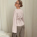 Elegant Summer Tops Women's Fashion Solid V-Neck Lace-Up Long Sleeve Tops New Chic Casual Office Lady Women's T-Shirts