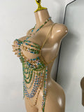 Crystal Rhinestone Tassel Body Chain Harness Bra for Women Multi-layer Shiny Gemstone Body Jewelry Sexy Halter Neck Bikini Chest