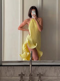 Elegant Women's Halter Ruffles Midi Dress Pleated Irregular Slit Dresses Evening Wedding Guest Pink Yellow Blue Party Prom 2026