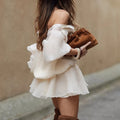 Solid Spliced Lace Up Mini Dresses for Women Slash Neck Long Sleeve High Waist Temperament Dress Female
