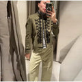 Women Woven Patchwork Napoleon Jacket Shoulder Pad Long Sleeve Hook Closure Street Blazer 2026 Spring Chic Casual Edgy Crop Coat