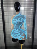 Skyblue Women Long Sleeve Shining Sequins Mesh See Through Bodycon Mini Dress Nightclub Bar Singer Celebrate Performance Costume