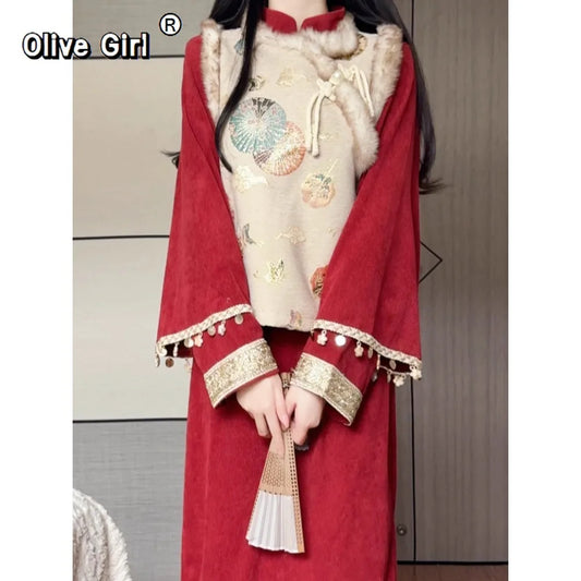 Olive Girl Red Embroidered Qipao for Ren Faire 2026 Garden Wedding Fairycore Photoshoot Everyday Wear S-XXL XS-3XL Plus Size Embroidered Romantic Garden Party Editorial Not Costume Qipao Cheongsam Chinese Dress Chinese Heritage Fashion Women