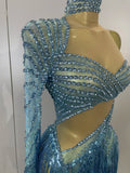 Sparkly Diamond Blue Rhinestone Mesh One Shoulder Tassel Dress Sexy Eveing Party Bar Nightclub Stage Costume Latin Dance Outfits