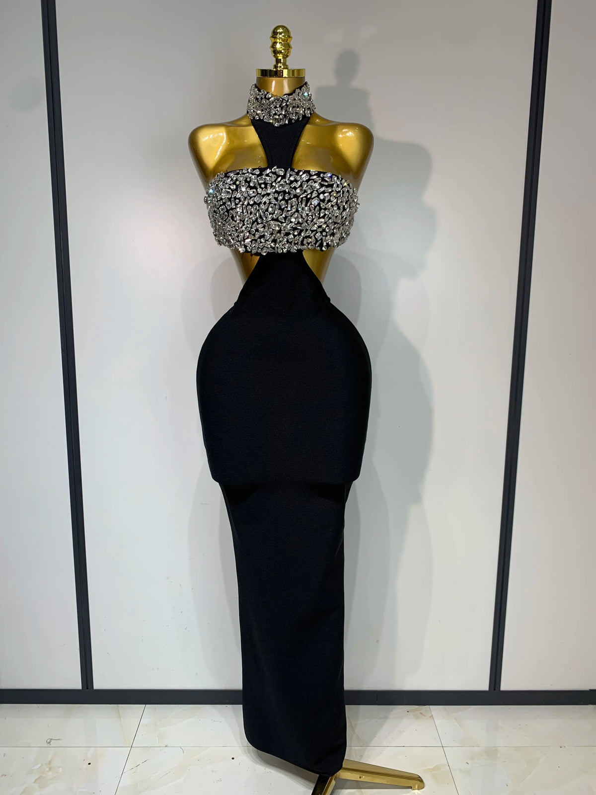 Women Sexy Backless Sparkly Crystal Diamonds Black Bodycon Bandage Dress Celebrity Elegant Evening Club Party Birthday Dresses
