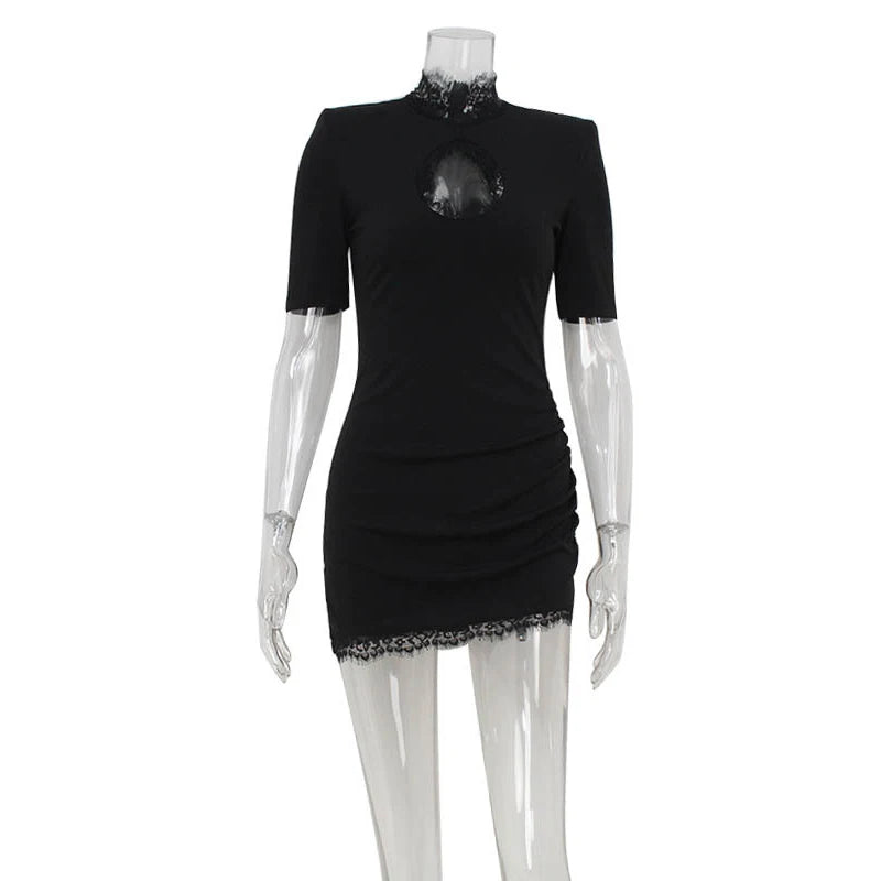 Women's Black Lace Trim Mini Dress Cutout Ruched Bodycon Stretch Dresses Chic Party Club Night Out Fashion High Street Outfit
