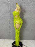 Luxurious Vibrant Ruffled Sheer Crystal-Embellished Pattern Gown Sexy Performance Costume Nightclub Glamorous Formal Event Gown