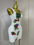 Women Sexy Square Neck Sleeveless Bodycon Bandage Mini Dress Luxury Beaded Tropical Fruit Eveing Party Vacation NightClub Outfit
