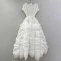 Elegant Spliced Tiered Ruffles Dress for Women O Neck Sleeveless Patchwork Lace Up Slim Formal Evening Puff Dresses Female