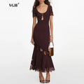 Romantic Dates Brown Ribbed Knit Mermaid Dresses for Women U Neck Short Sleeve Lace Trimmed Midi Skirt for Office Commute