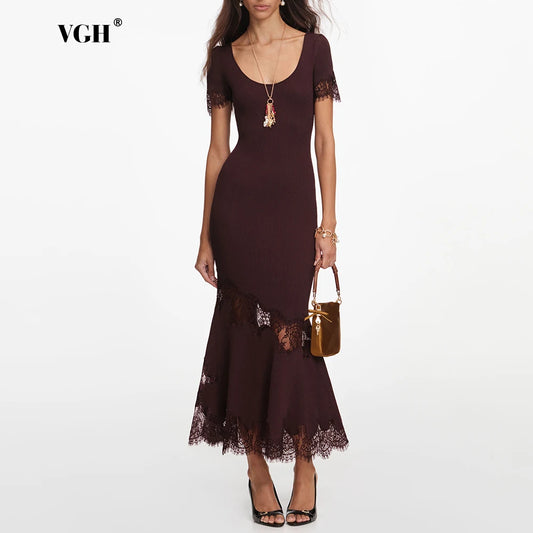 Romantic Dates Brown Ribbed Knit Mermaid Dresses for Women U Neck Short Sleeve Lace Trimmed Midi Skirt for Office Commute