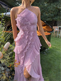 Women'S Irregular Pleated Slim Chiffon Long Dress Sexy Backless Ruffle Fashion Party Prom Elegant Evening Gown 2025 New