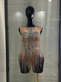 Colorful Tassels Women Sexy High Stretch Bodycon Bodysuit Vening Dress Night Club Dancer Performance Costume