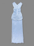 Women's Sky Blue Rhythm Fringed Long Maxi Dress 2026 New Sleeveless Ruffle Tassels Night Out Dress Clubwear Outfits
