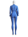 Washed Distressed Jumpsuit Women Ribbed V-Neck Solid SKinny Long Sleeve Fall Casual Trend Simple Activity Streetwear