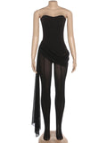 Coquette Jumpsuit Women Strapless Irregular Mesh Patchwork Ruched Bandage Ribbon Sexy Hottie Stretch Skinny Clubwear