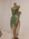 Women Sparkly Rhinestones Tassel Green One Shoulder Sexy See-Through Dress Latin Dance Outfits Bar Nightclub Party Stage Costume