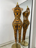 Sparkly Crystal Tiger Stripe Print Women Sexy Sleeveless Stretch Hollow Out Jumpsuit Nightclub Stage Performance Dance Costume