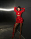 Red White Women Long Sleeve Sexy Lace Draped Bodycon Mini Dress Gloves Nightclub Party Celebrate Birthday Dress