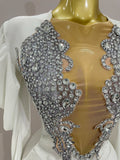 Luxury Sparkly Crystals Sexy Mesh White Velvet Short Dress 2025 Women Elegant Evening Prom Birthday Party Dresses Stage Costume