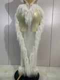 Women Sexy Sparkly Diamonds Tassel Mesh Transparent Long Dress Evening Prom Celebrate Birthday Party Dress Photoshoot Stage Wear