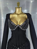 New Women Long Sleeve Square Collar Shinning Diamond Bodycon Long Bandage Dress Elegant Evening Party Celebrate Outfit
