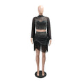Sexy Mesh Sheer Rhinestone Two Piece Set Women Skirts Suits Crop Top and Mini Skirt Night Club Party Outfits Matching Set
