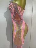 2026 Sexy Sparkly Pink Rhinetones Sequins Strapless Mesh Sheer Long Dress Birthday Evening Celebrate Party Nightclub Stage Wear