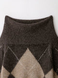 Women's Brown Beige Plaid Knitted Sweater Fashion Off Shoulder Patchwork Loose Blouse Lady Autumn Winter Casual Outerwear