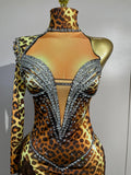 Sexy Leopard Print Stretch Dress Women Sparkly Rhinestones Tassel One Shoulder Latin Dance Outfits Nightclub Party Stage Costume