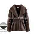Autumn 2026 Chocolate Brown Elastic Cinched Waist Faux Leather Peplum Jacket Women PU Leather Blazer Trench Coat Female
