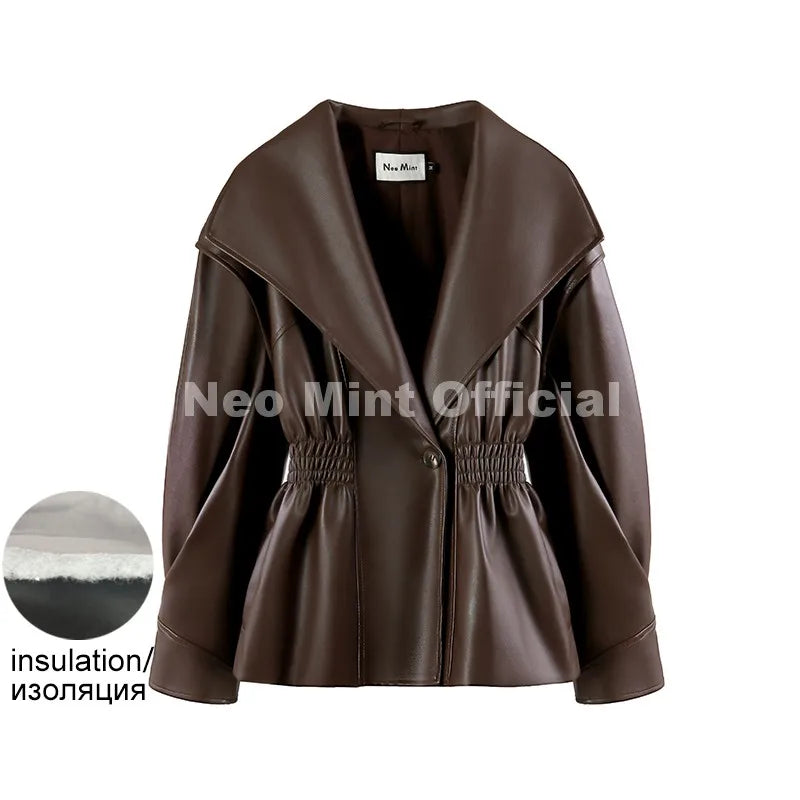 Autumn 2026 Chocolate Brown Elastic Cinched Waist Faux Leather Peplum Jacket Women PU Leather Blazer Trench Coat Female
