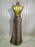 Women Sexy Eveing Party Club Birthday Stage Dress Elegant Halter Leopard Sleeveless Shiny Sequins Backless Bodycon Long Dress