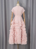 Elegant Spliced Tiered Ruffles Dress for Women O Neck Sleeveless Patchwork Lace Up Slim Formal Evening Puff Dresses Female