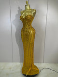Sexy Strapless Mesh See Through Long Dress Luxury Sparkly Golden Diamonds Evening Party Birthday Nightclub PhotoShoot Stage Wear