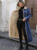 Women Denim Coat Long Loose Fleece Lined Turndown Collar Pocket Vintage Outerwear Autumn Winter