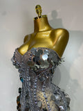 Sparkly Silver Rhinestone Sequins Strapless Mesh See Through Mini Dress Birthday EveningParty Nightclub Singer Stage Costume