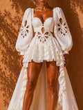 Fashion Style White Cutout Floral Accent Gown for Women Square Collar Puff Sleeve Asymmetric Train Skirt for Beach Elopement