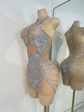 Women's Sparkly Birthday Mini Dress Crystals Diamonds Mesh Evening Party Gowns Performance Costume Stage Outfit Club Vestidos