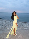 Chic Yellow Backless Lace Up Slit Dress Women Pleated Half Sleeved Waist Cinched Dresses Lady 2026 Spring New Evening Party Robe