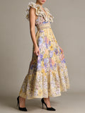 Luxurious Party Folds Design Draped Dress for Women V Neck Flying Sleeve Tunic Floral Printing Vintage Midi Dresses Female